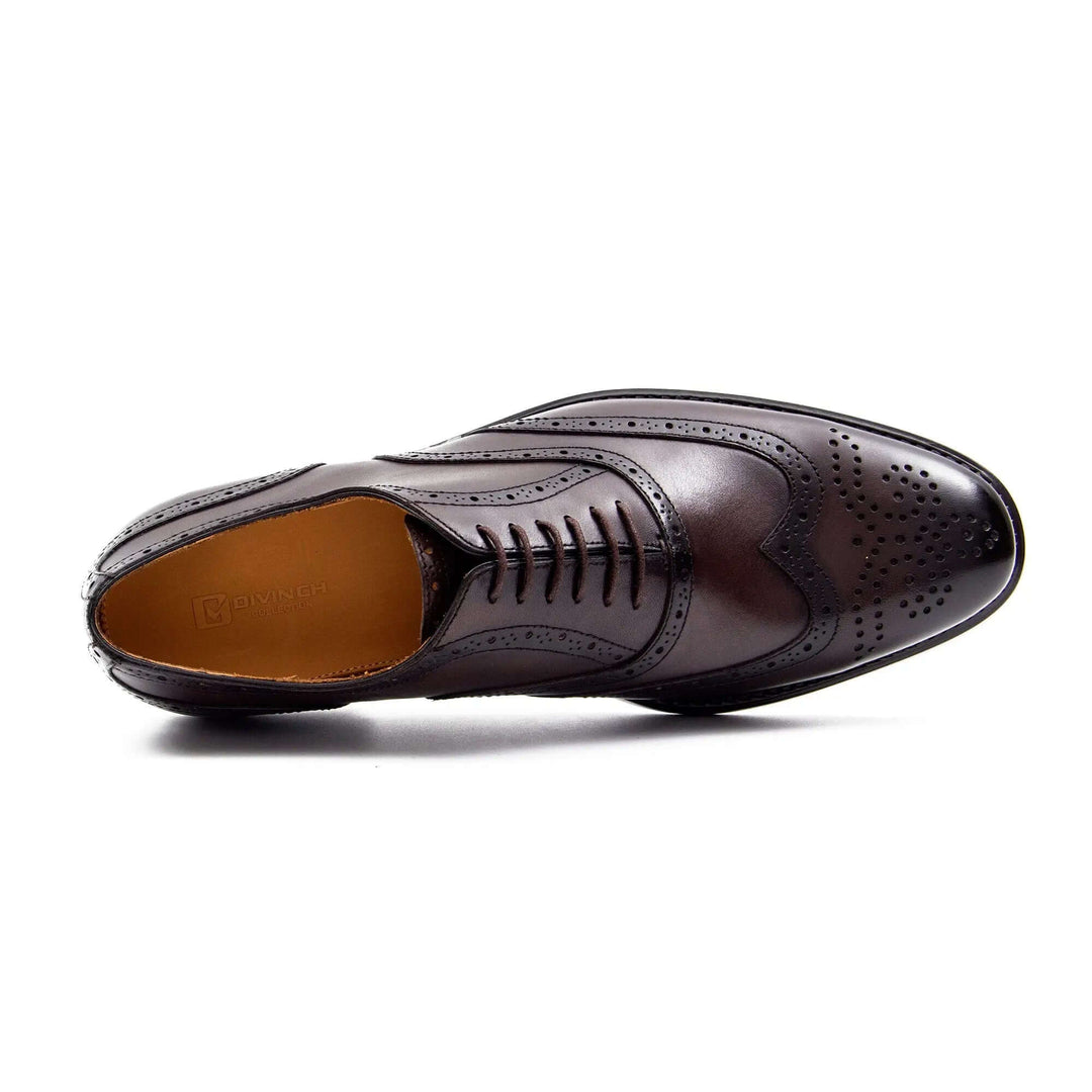 Goodyear Mens leather oxford shoes in dark brown, handcrafted calfskin with brogue detailing, top view.