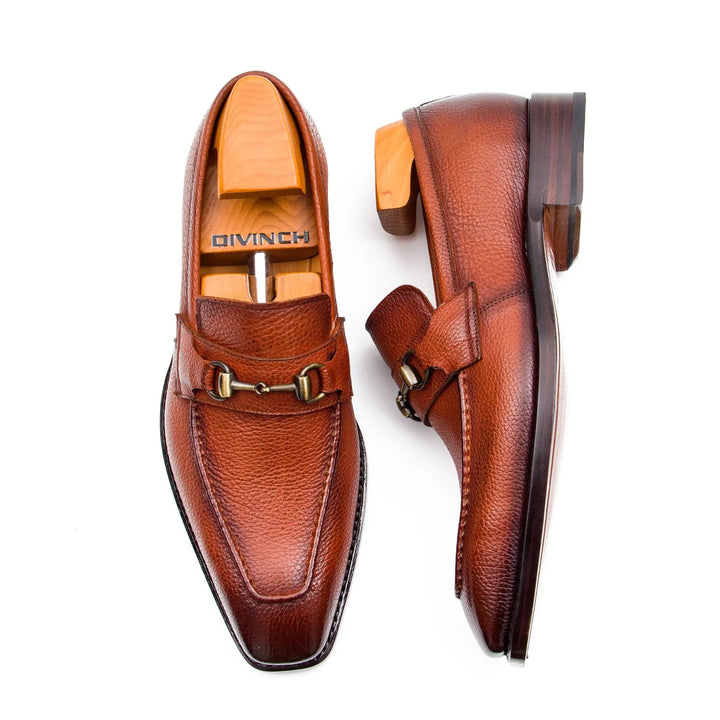 Goodyear Brown leather loafer with horsebit by DV DIVINCH, calfskin, smooth texture, top view design details.