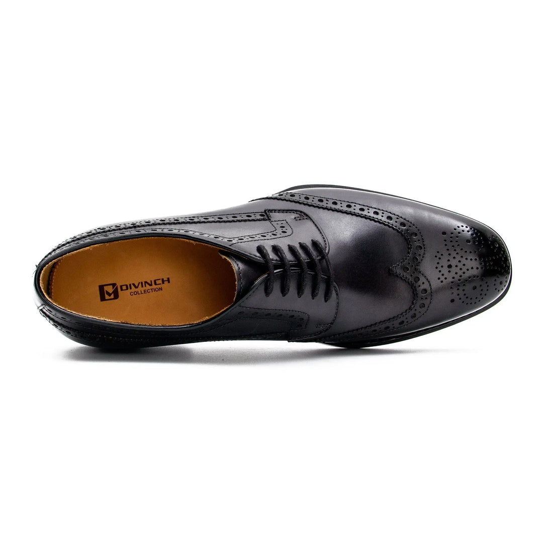 Goodyear Welt Brogue Shoes in black, handcrafted leather, featuring U-wing pointed toe and brogue perforations.