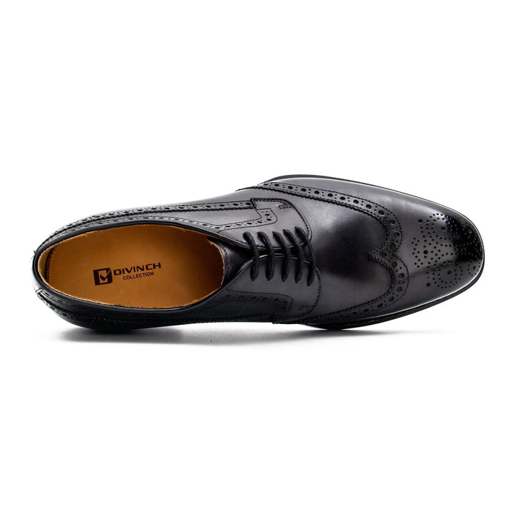 Goodyear Welt Brogue Shoes in black, handcrafted leather, featuring U-wing pointed toe and brogue perforations.