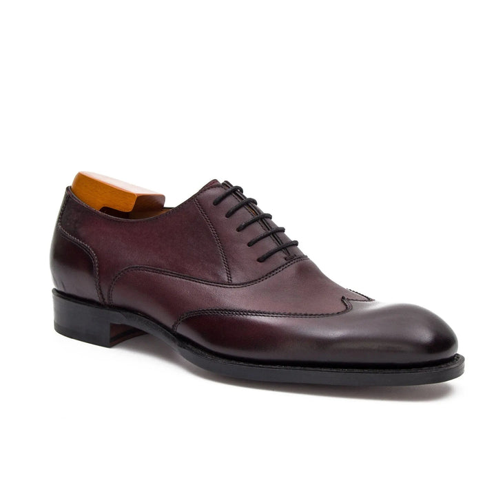 Goodyear Welt Oxford Shoes in dark burgundy calfskin leather, featuring classic lace-up design with brogue detailing by DV DIVINCH.
