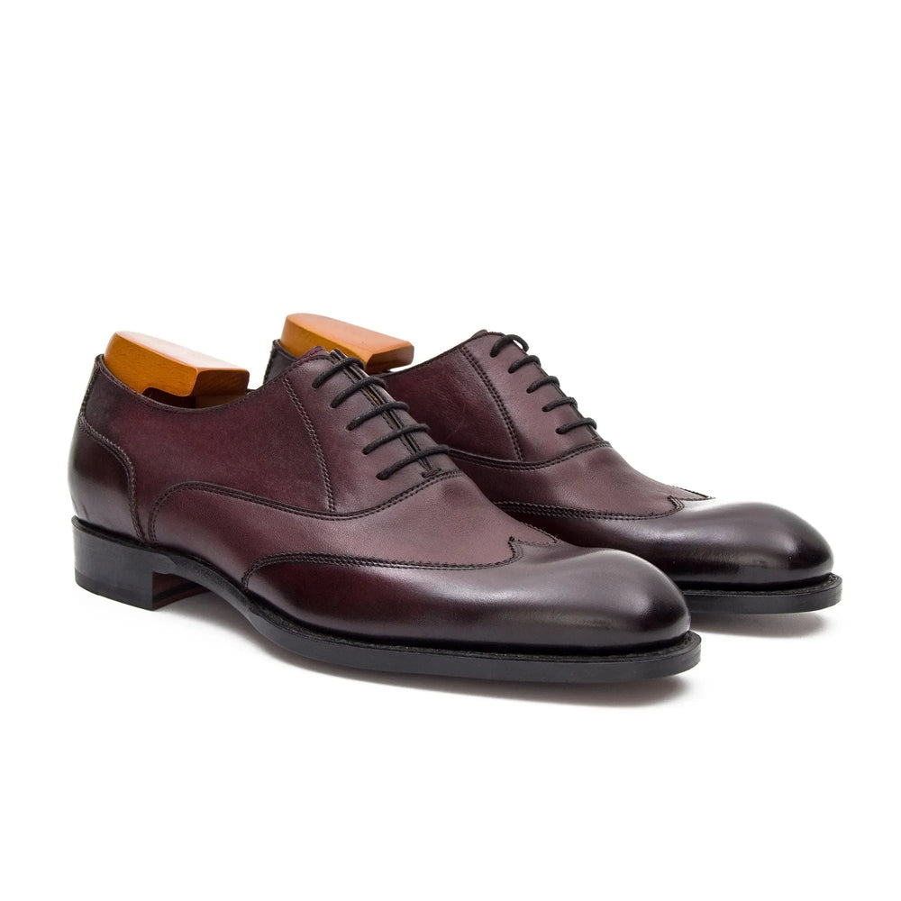 Goodyear Welt Oxford Shoes in dark burgundy calfskin, handcrafted leather with a classic silhouette and polished finish.