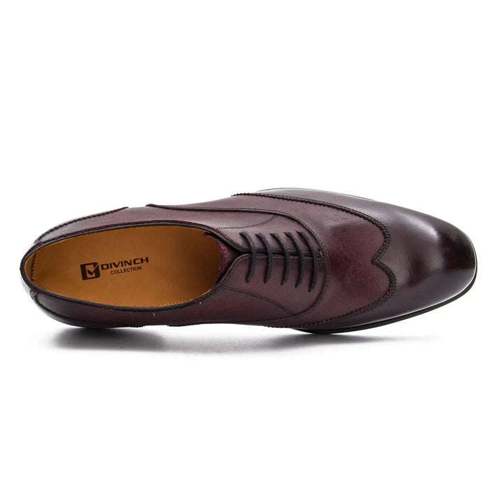 Goodyear Welt Oxford Shoes by DV DIVINCH in burgundy calfskin with wingtip design, top view showcasing premium craftsmanship.