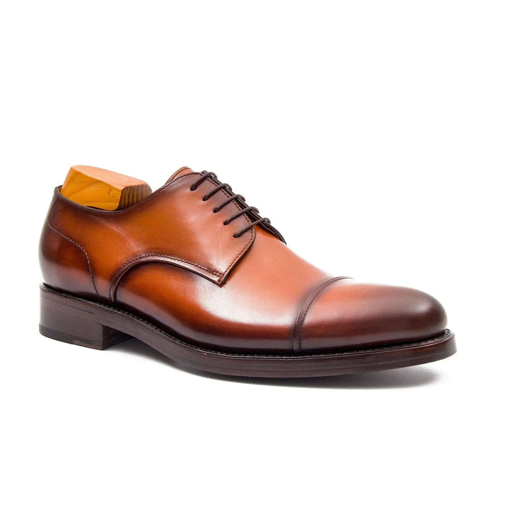 Handmade Derby Shoes Brown Leather by DV DIVINCH, handcrafted calfskin footwear, side view showcasing sleek design.