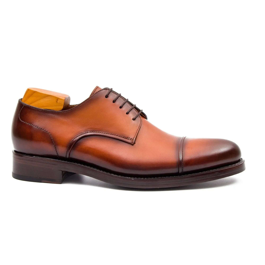 Handmade Derby Shoes Brown Leather by DV DIVINCH, handcrafted calfskin footwear, stylish side view detailing.