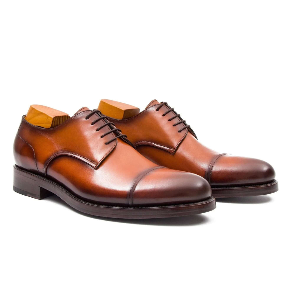 Handmade Derby Shoes Brown Leather by DV DIVINCH, handcrafted calfskin footwear, side view, men’s designer shoes.