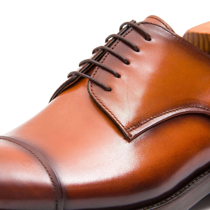 Handmade Derby Shoes Brown Leather by DV DIVINCH, featuring brown calfskin upper and detailed stitching.
