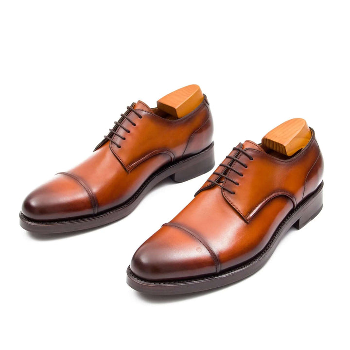 Handmade Derby Shoes Brown Leather by DV DIVINCH, handcrafted calfskin footwear, side view with cap toe design.