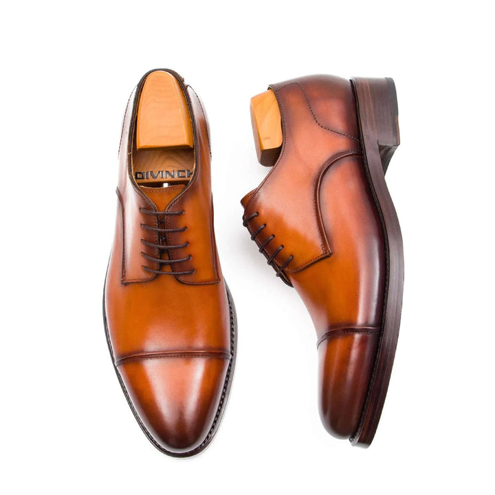 Handmade Derby Shoes Brown Leather by DV DIVINCH, handcrafted calfskin footwear, elegant lace-up design.