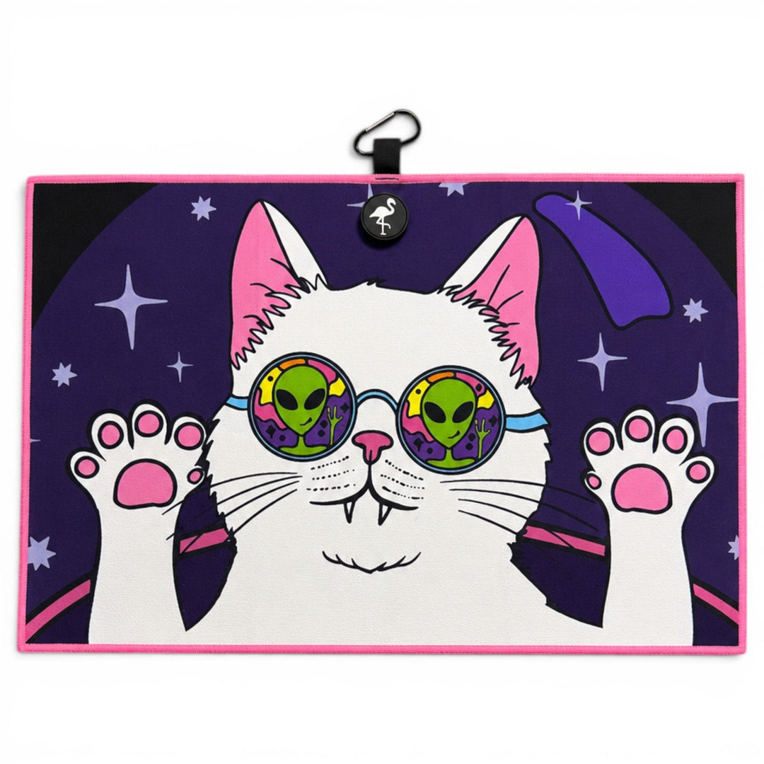 Cosmic Kitty Golf Towel | 24” x 16” Microfiber Towel | Magnetic Clip &amp; Carabiner | Premium Golf Accessory