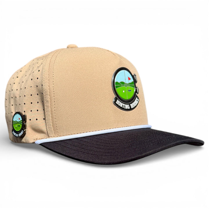 Hunting Birdies Golf Hat | Snapback Cap | Built-in Magnetic Ball Marker Holder + Marker Included | Adjustable Tan &amp; Black
