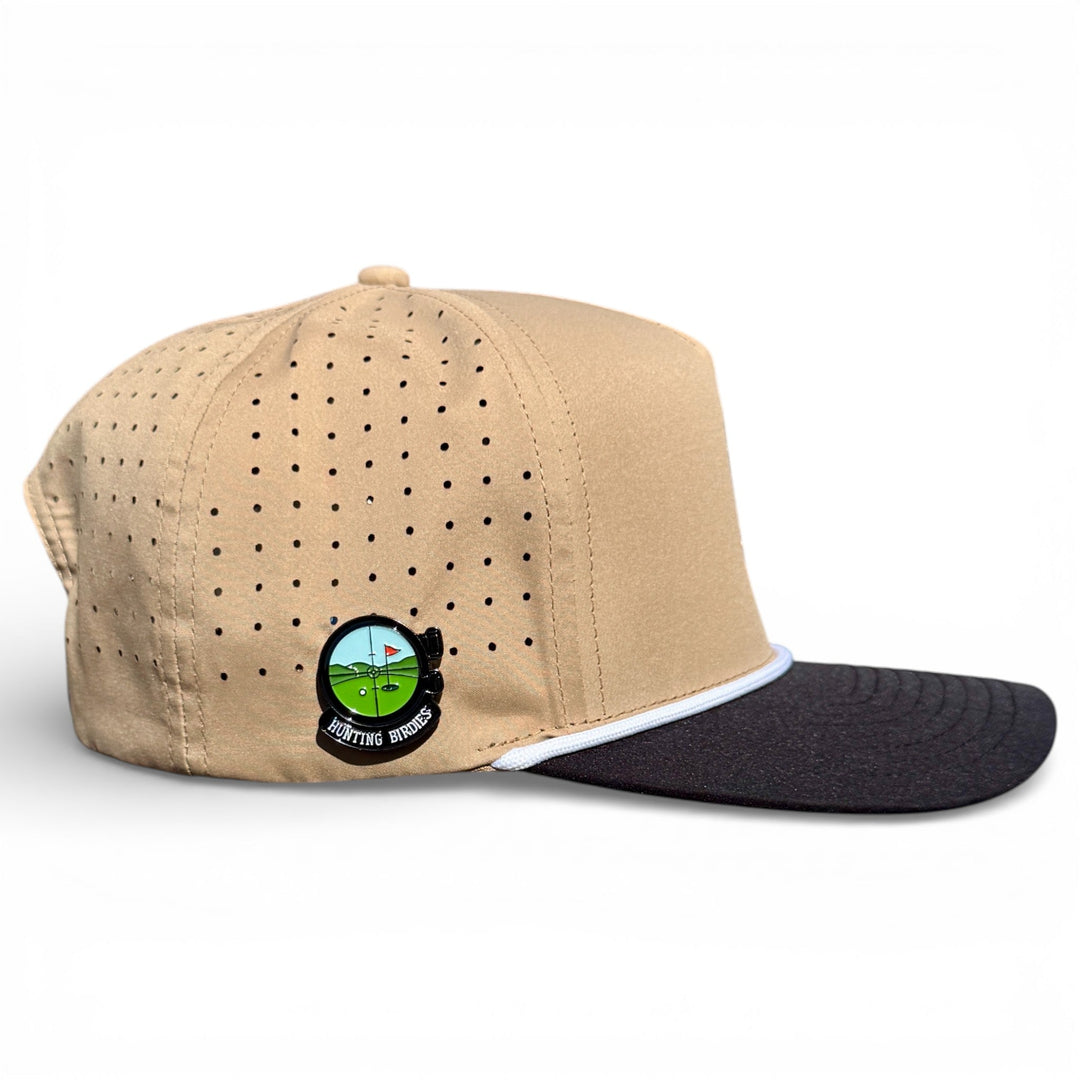 Hunting Birdies Golf Hat | Snapback Cap | Built-in Magnetic Ball Marker Holder + Marker Included | Adjustable Tan &amp; Black
