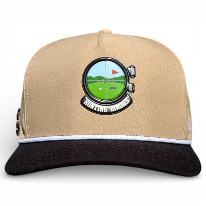 Hunting Birdies Golf Hat | Snapback Cap | Built-in Magnetic Ball Marker Holder + Marker Included | Adjustable Tan &amp; Black