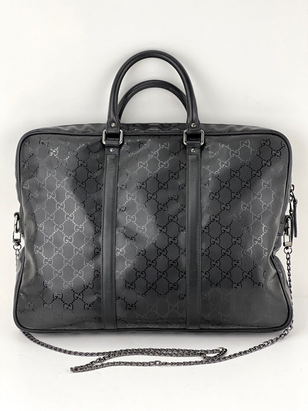Gucci Briefcase GG Imprime Coated Canvas Black Monogram Business Bag Preowned showcasing the luxury design and features.