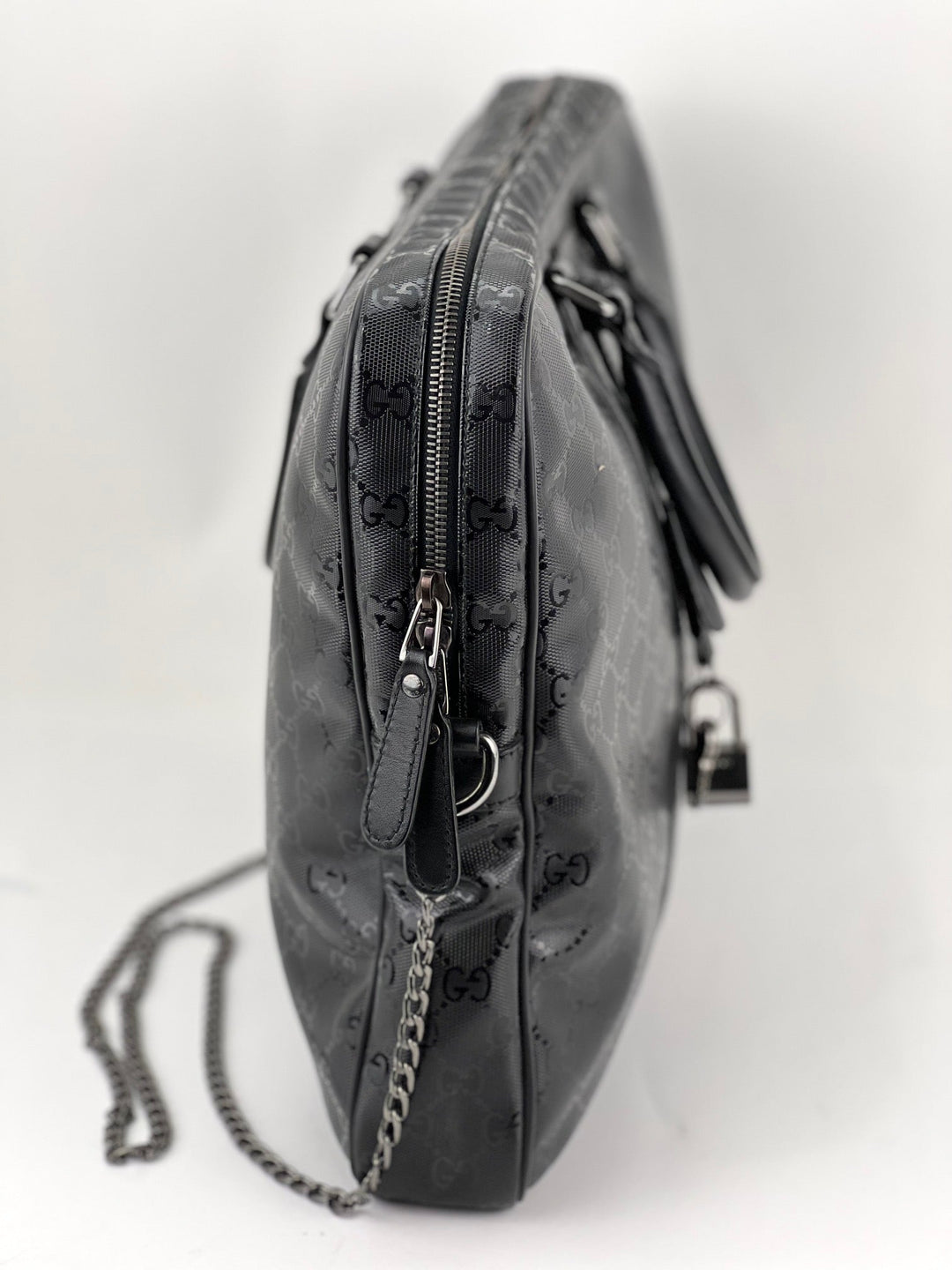 Gucci Briefcase GG Imprime Coated Canvas Black Monogram Business Bag Preowned side view showing zipper and strap.
