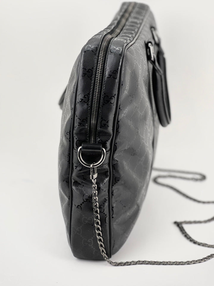 Gucci Briefcase GG Imprime Coated Canvas Black Monogram Business Bag Preowned side view showing zipper and strap.