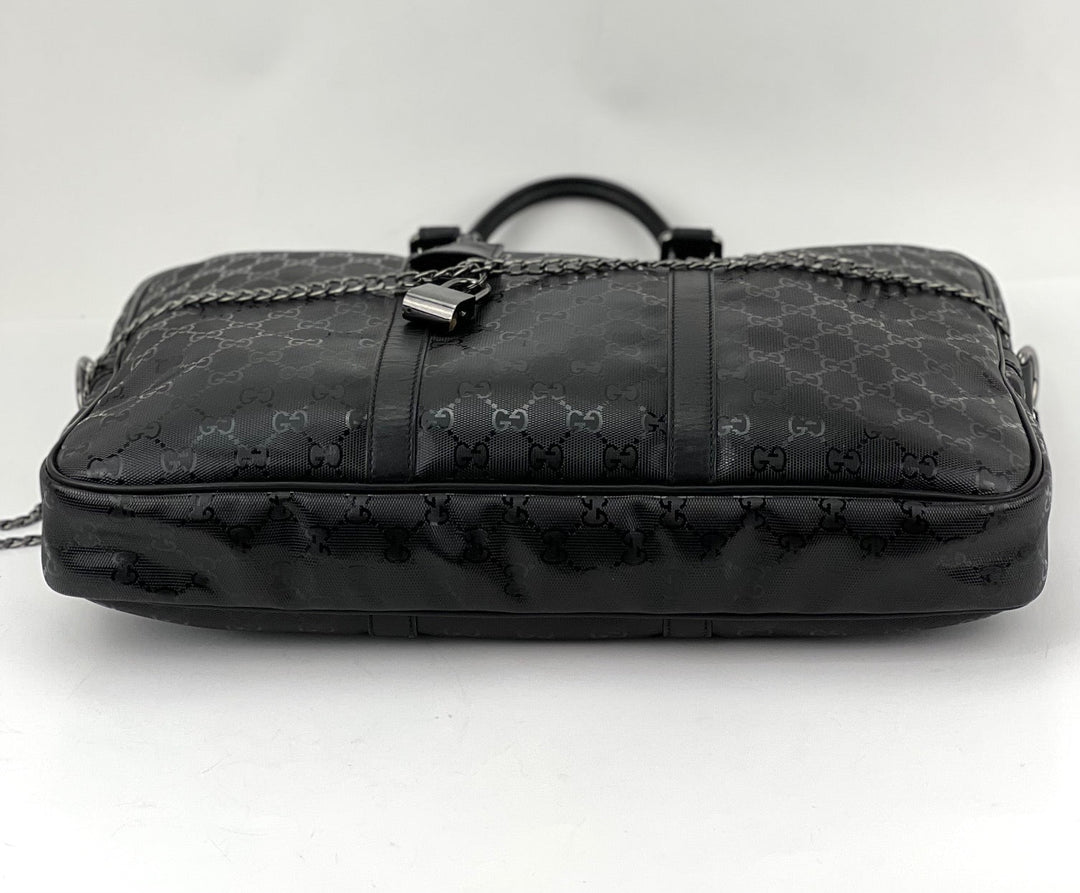 Gucci Briefcase GG Imprime Coated Canvas Black Monogram Business Bag Preowned side view with silver chain strap.