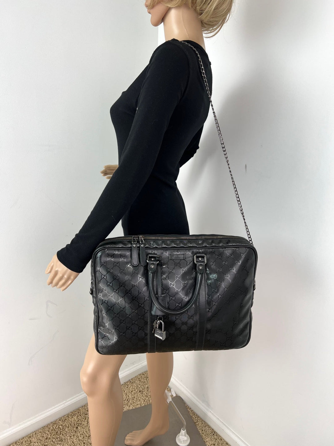 Gucci Briefcase GG Imprime Coated Canvas Black Monogram Business Bag Preowned carried by model.