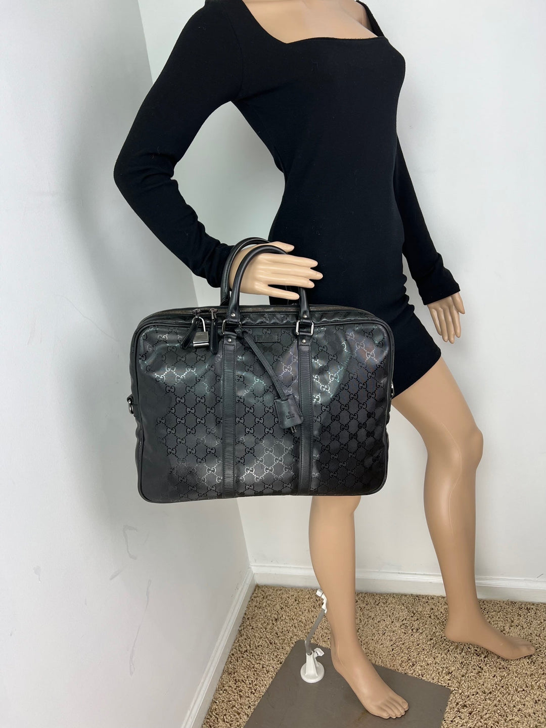 Gucci Briefcase GG Imprime Coated Canvas Black Monogram Business Bag Preowned displayed on a mannequin