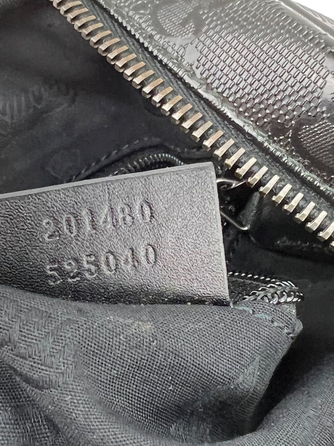 Gucci Briefcase GG Imprime Coated Canvas Black Monogram Business Bag Preowned interior tag showing authenticity details.