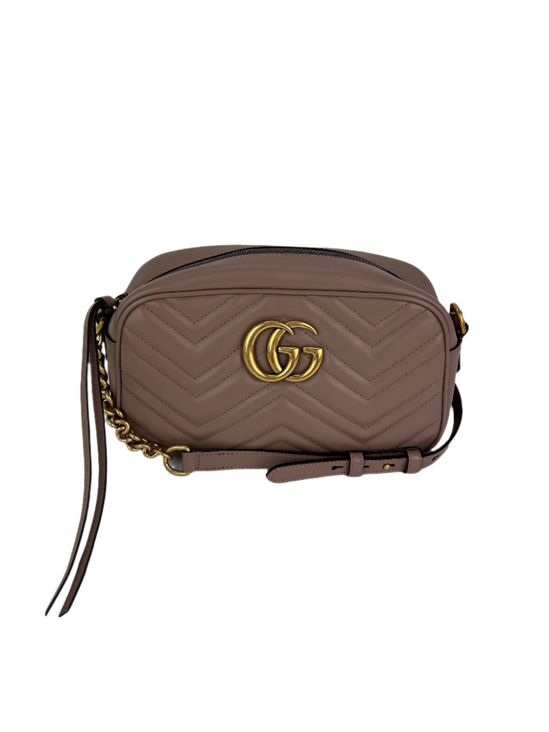 Brown handbag with gold accents on a white background