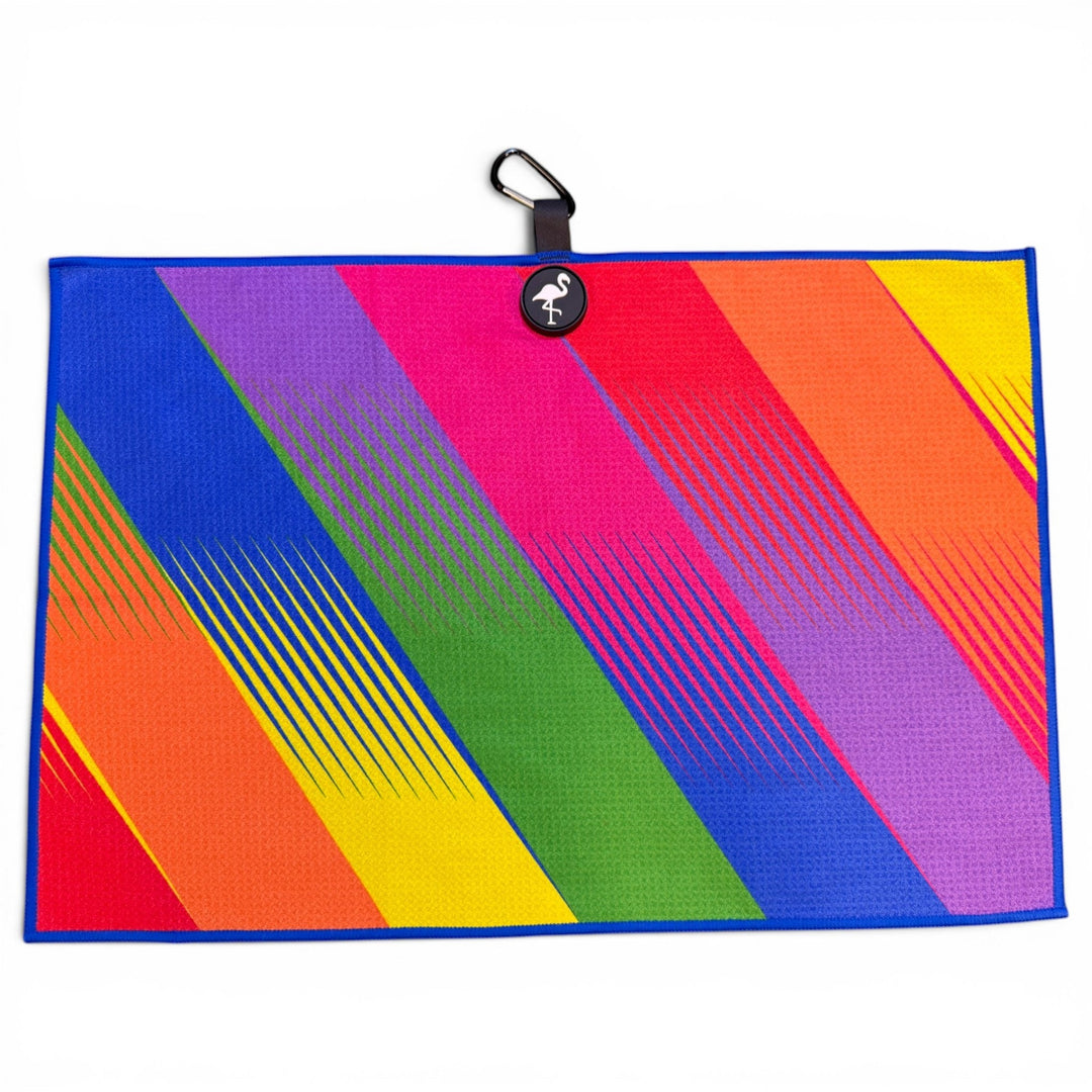 Retro Rainbow Rush Golf Towel | 24” x 16” Microfiber Towel | Magnetic Clip &amp; Carabiner | Premium Golf Accessory