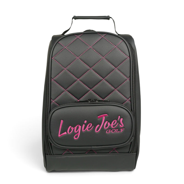 Golf Shoe Bag | Premium PU Leather Golf Shoe Organizer | Quilted Travel Shoe Case with Accessory Pocket, Carry Handle &amp; Ventilation | Black/Pink