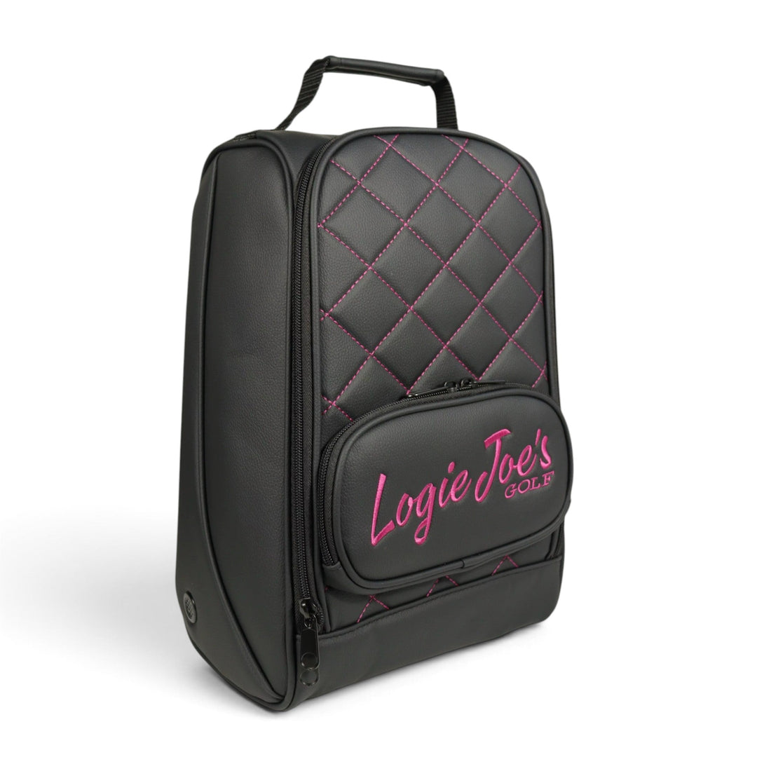 Golf Shoe Bag | Premium PU Leather Golf Shoe Organizer | Quilted Travel Shoe Case with Accessory Pocket, Carry Handle &amp; Ventilation | Black/Pink