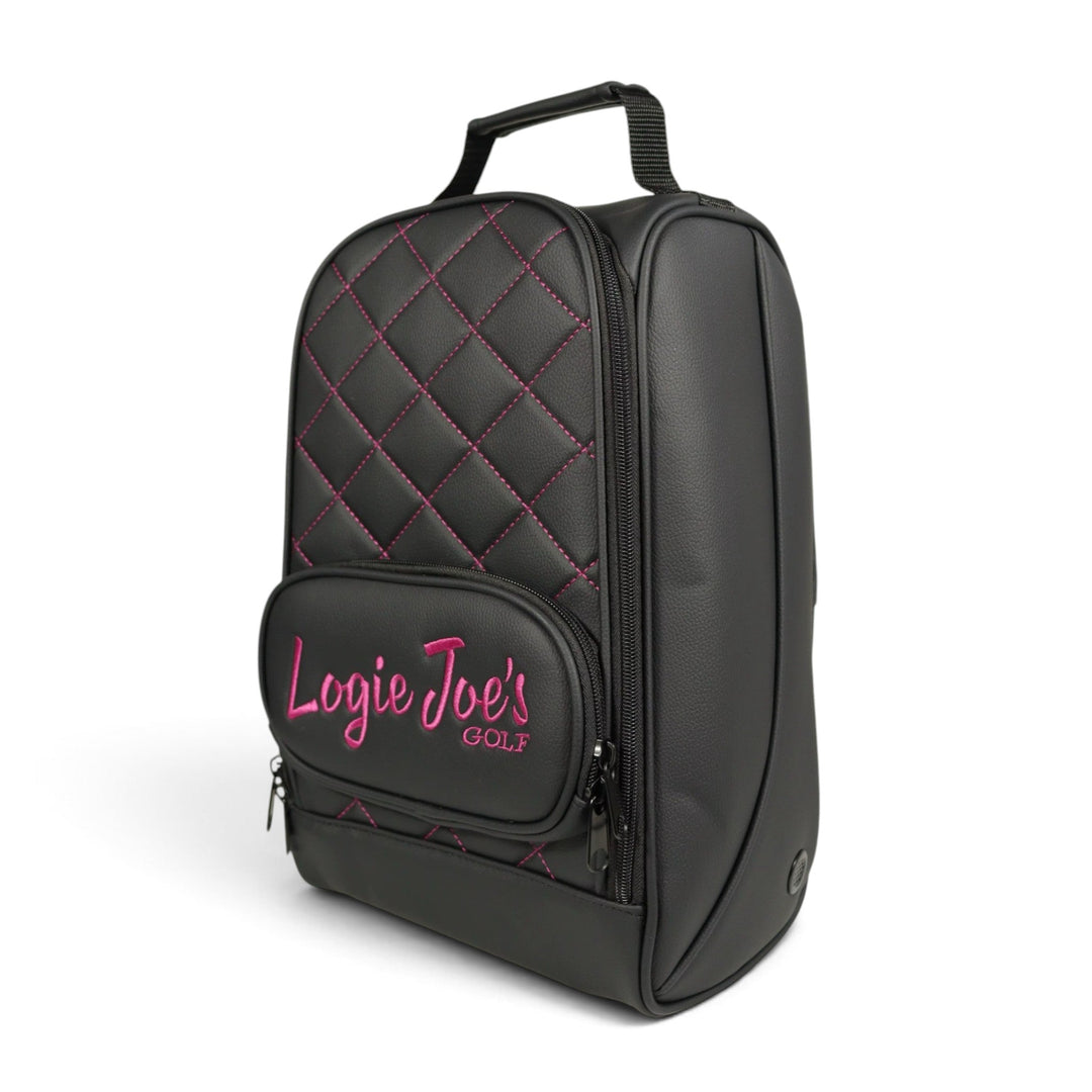 Golf Shoe Bag | Premium PU Leather Golf Shoe Organizer | Quilted Travel Shoe Case with Accessory Pocket, Carry Handle &amp; Ventilation | Black/Pink
