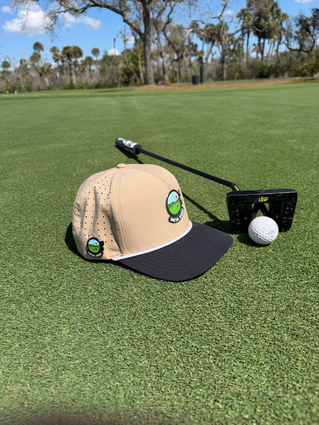 Hunting Birdies Golf Hat | Snapback Cap | Built-in Magnetic Ball Marker Holder + Marker Included | Adjustable Tan &amp; Black
