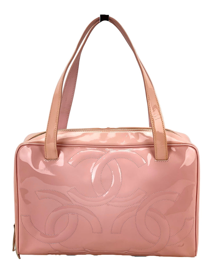 Chanel Triple CC Logo Medium Pink Patent Leather Tote Shoulder Bag Pre owned