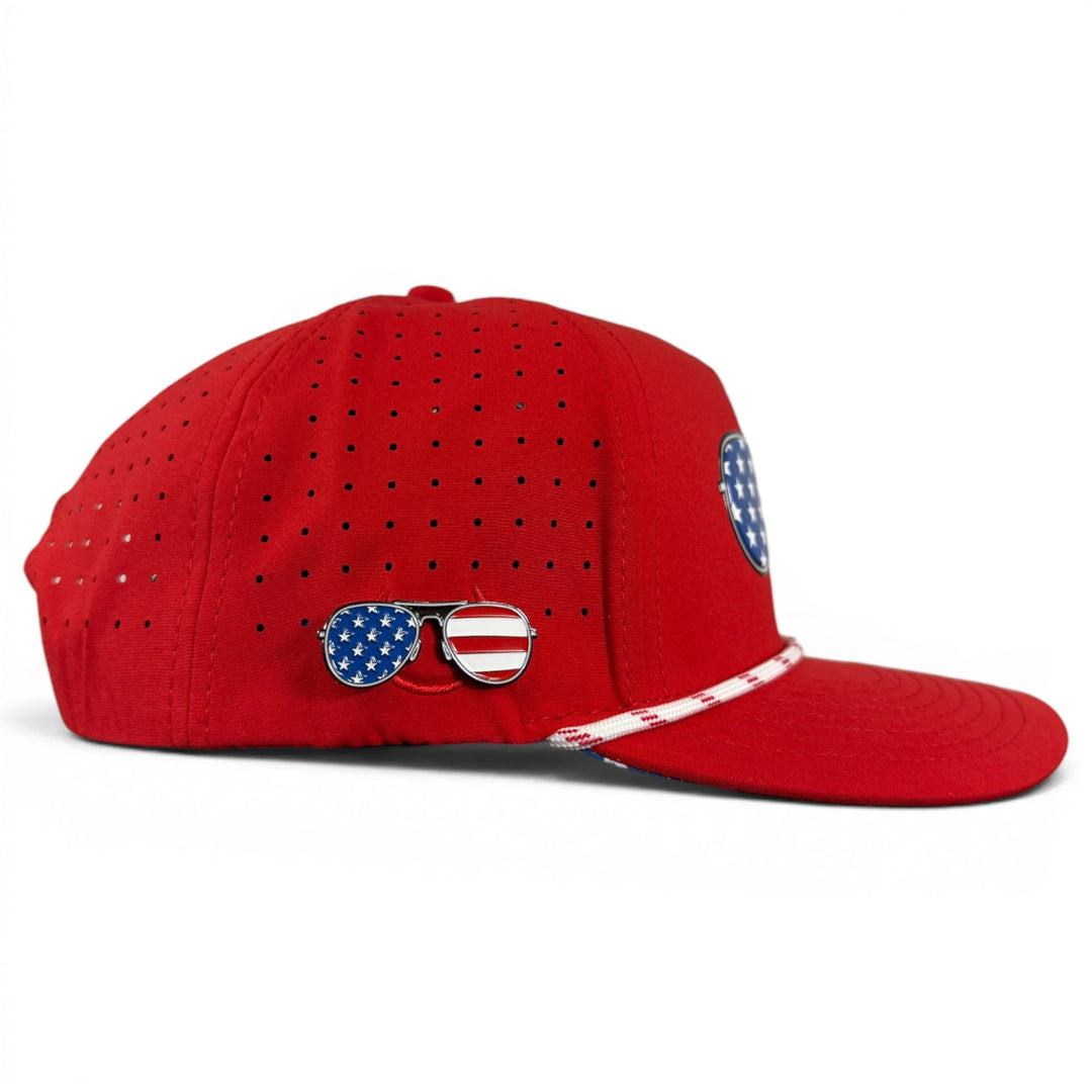Red, White &amp; View Golf Hat | Snapback Cap | Built-in Magnetic Ball Marker Holder + Marker Included | Adjustable USA Shades