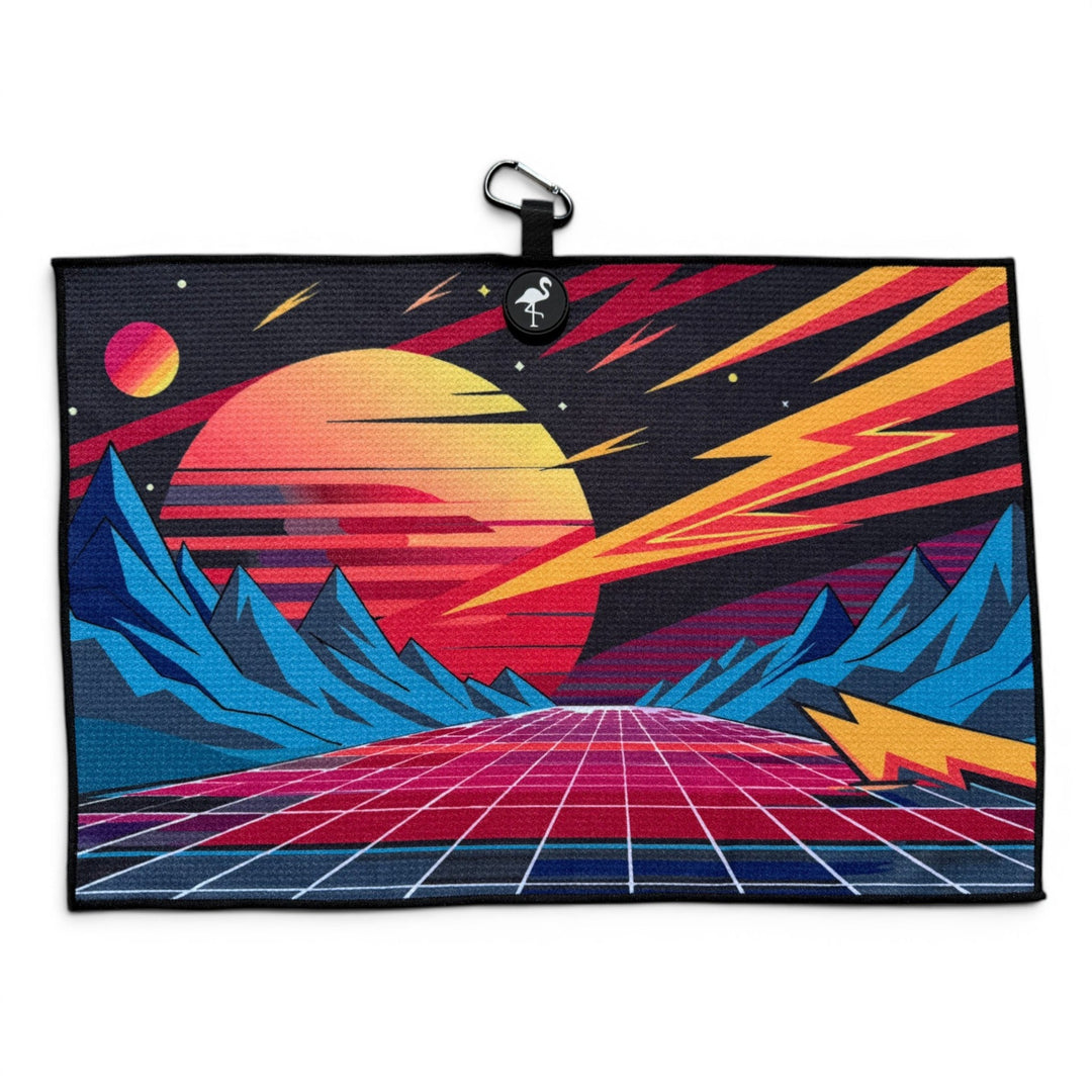 Retroscape Golf Towel | 24” x 16” Microfiber Towel | Magnetic Clip &amp; Carabiner | Premium Golf Accessory | Sunset Mountain Drive