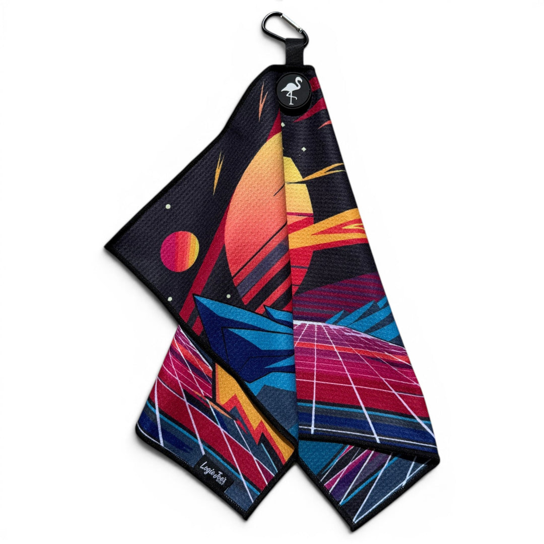 Retroscape Golf Towel | 24” x 16” Microfiber Towel | Magnetic Clip &amp; Carabiner | Premium Golf Accessory | Sunset Mountain Drive