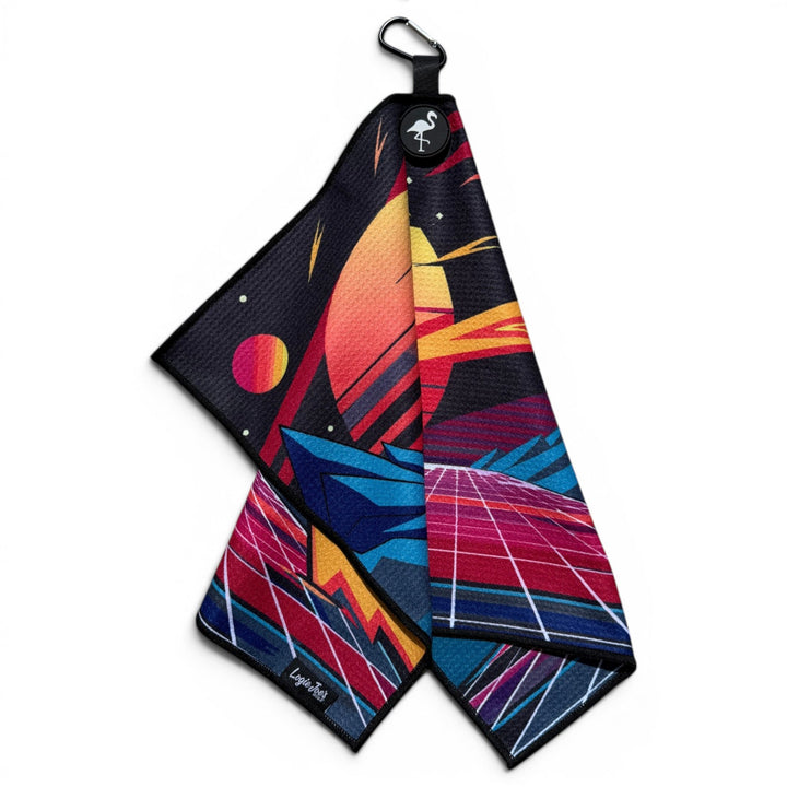 Retroscape Golf Towel | 24” x 16” Microfiber Towel | Magnetic Clip &amp; Carabiner | Premium Golf Accessory | Sunset Mountain Drive