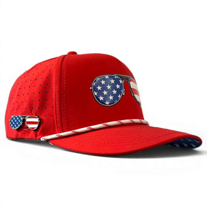 Red, White &amp; View Golf Hat | Snapback Cap | Built-in Magnetic Ball Marker Holder + Marker Included | Adjustable USA Shades