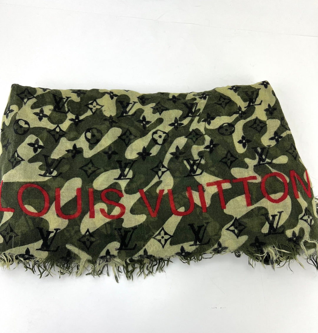 Louis Vuitton scarf with monogram pattern on a white background