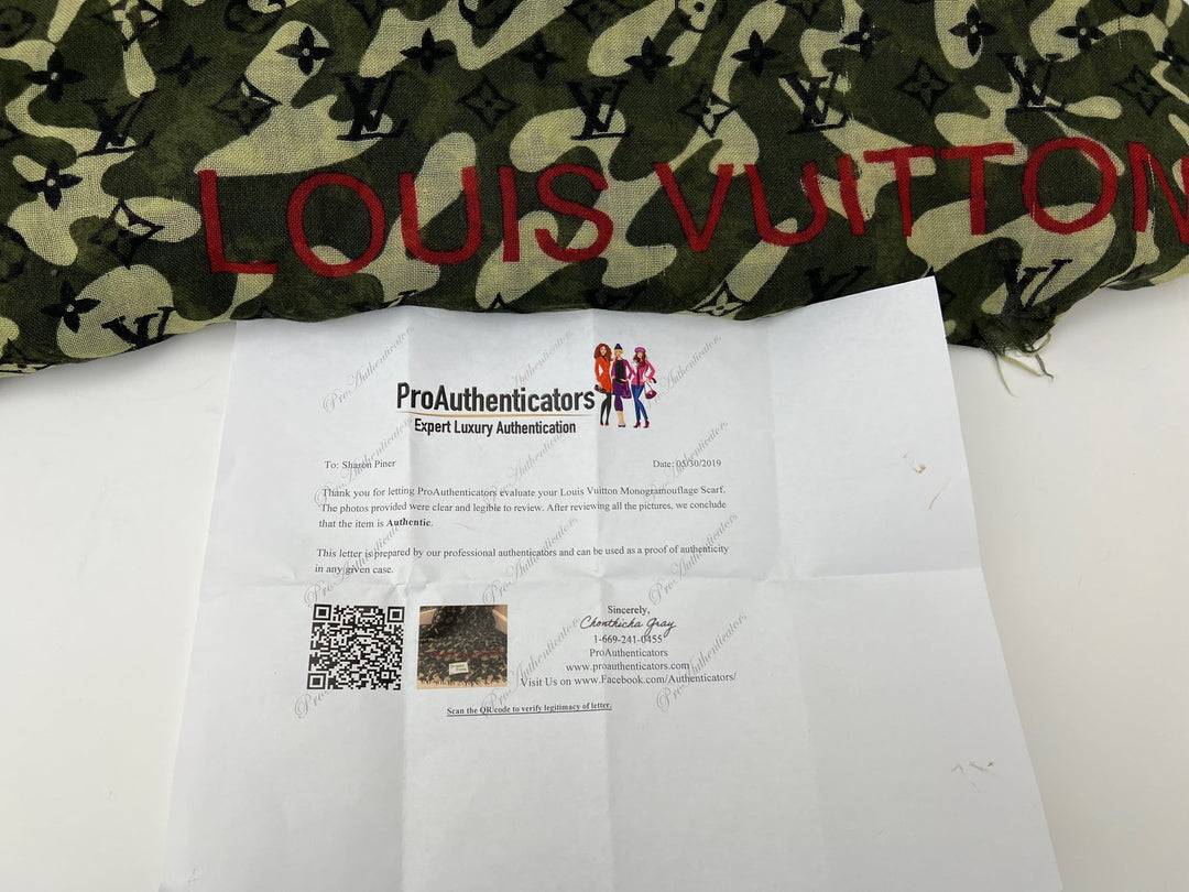 Louis Vuitton camouflage bag with a ProAuthenticators authentication card on a white background