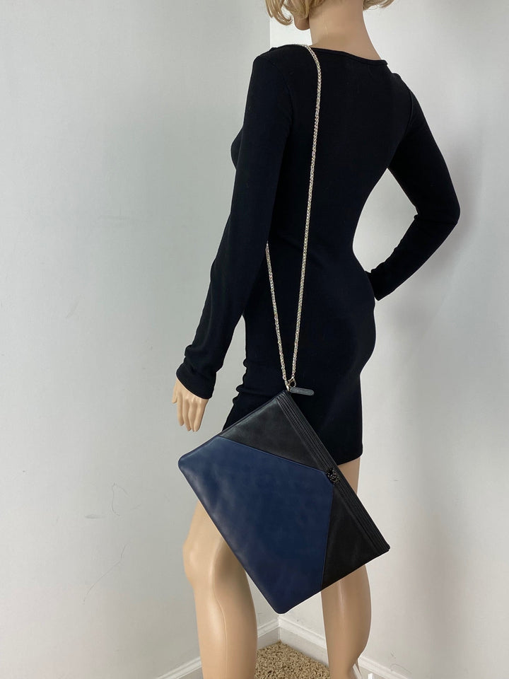 Chanel Quilted Lambskin Leather Black Blue Large Boy Zip Pouch Added Chain