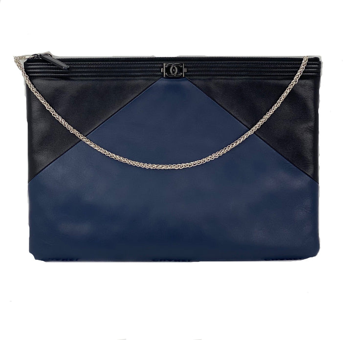 Chanel Quilted Lambskin Leather Black Blue Large Boy Zip Pouch Added Chain
