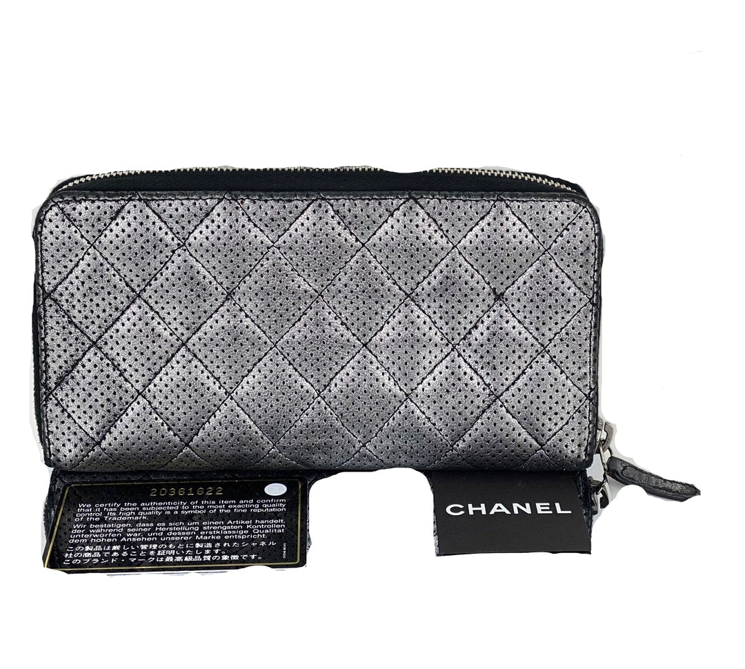 Chanel Perforated Silver Metallic Lambskin Quilted Zip Around Wallet Clutch