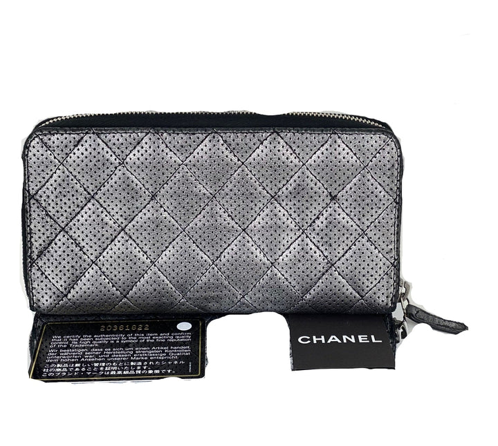 Chanel Perforated Silver Metallic Lambskin Quilted Zip Around Wallet Clutch