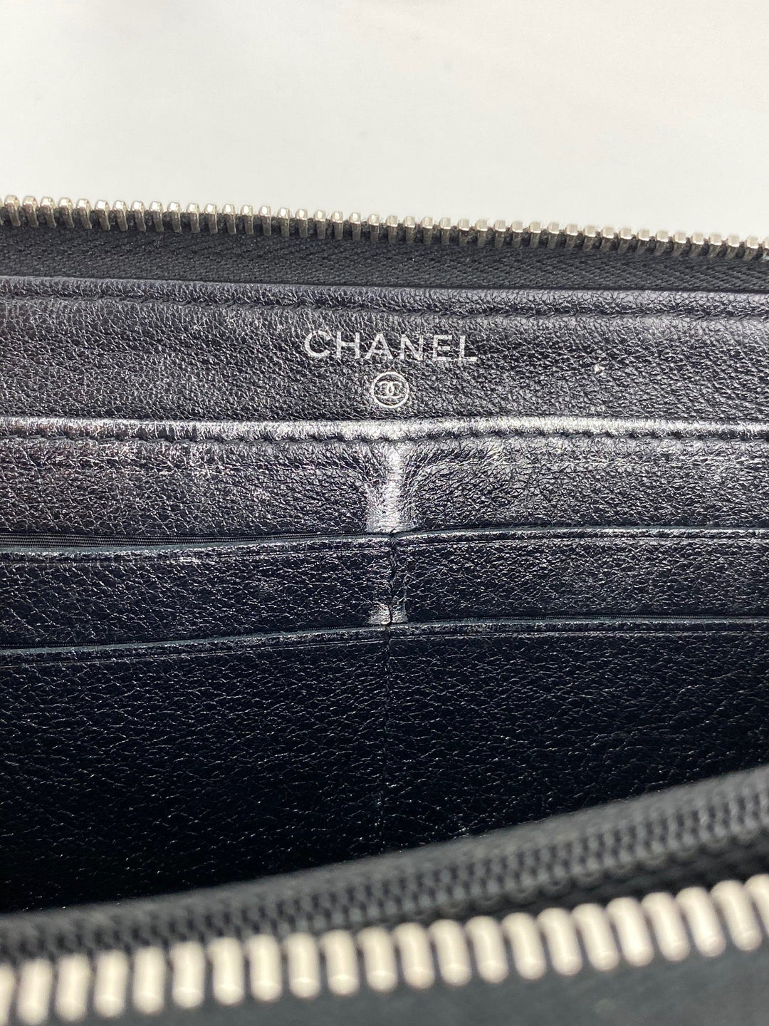 Chanel Perforated Silver Metallic Lambskin Quilted Zip Around Wallet Clutch
