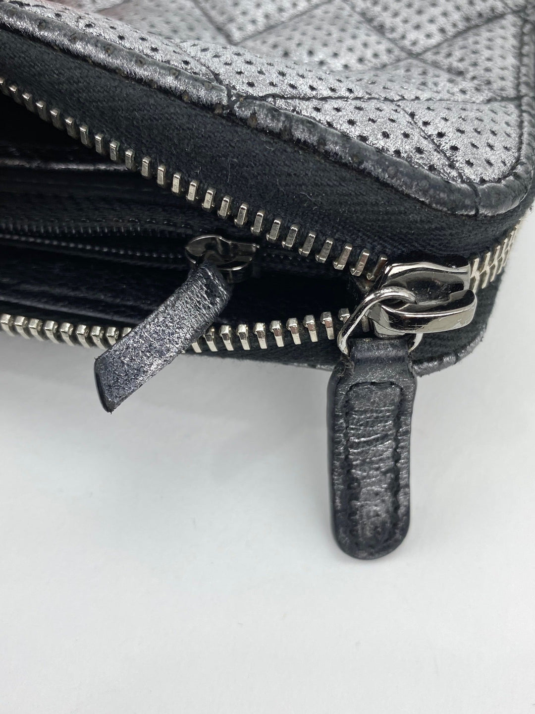 Chanel Perforated Silver Metallic Lambskin Quilted Zip Around Wallet Clutch