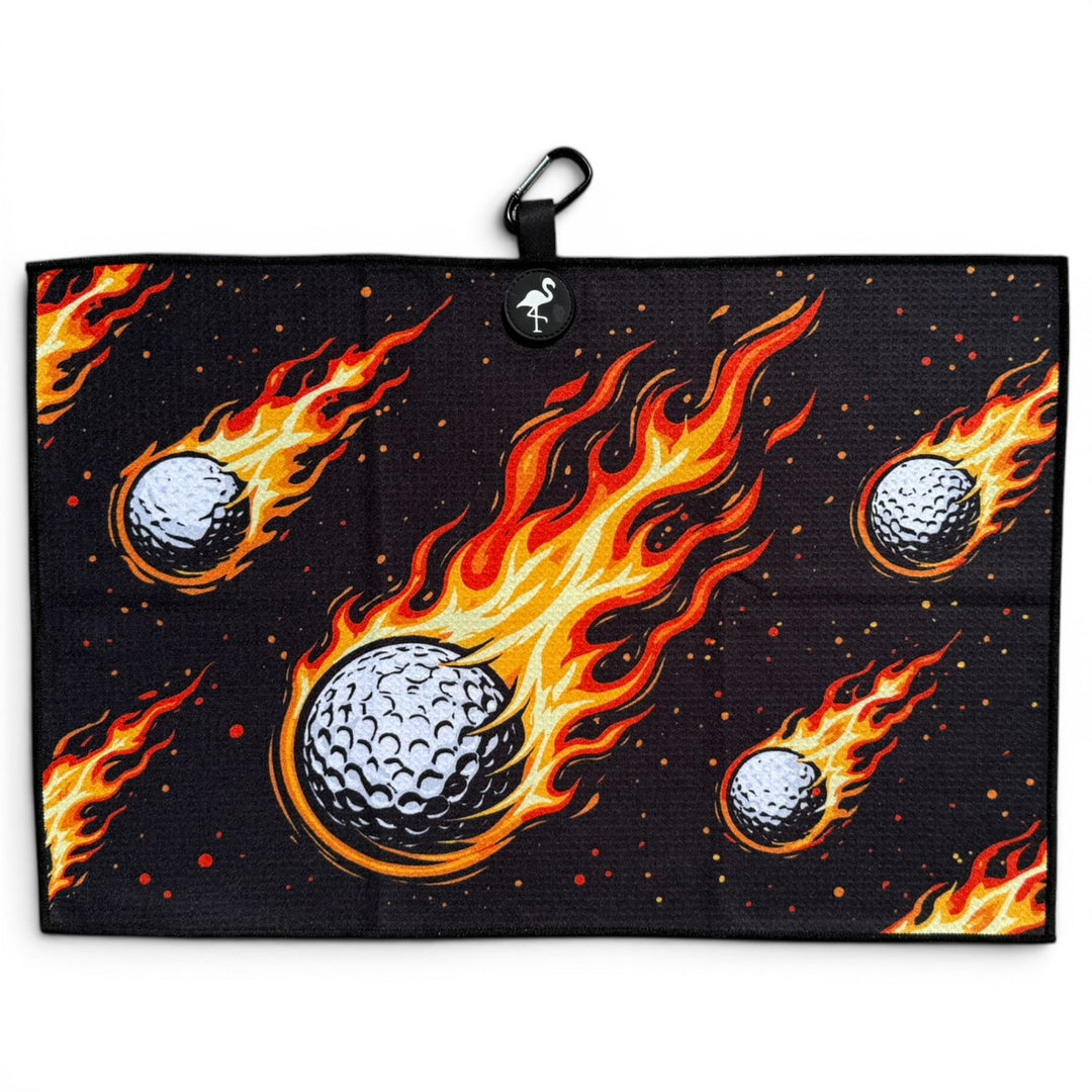 Fireball Drive Golf Towel | 24” x 16” Microfiber Towel | Magnetic Clip &amp; Carabiner | Premium Golf Accessory