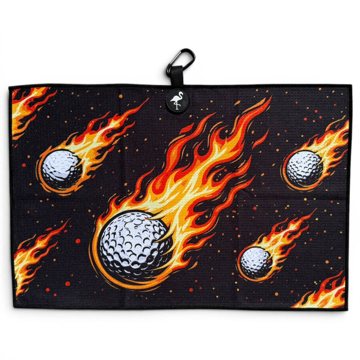 Fireball Drive Golf Towel | 24” x 16” Microfiber Towel | Magnetic Clip &amp; Carabiner | Premium Golf Accessory