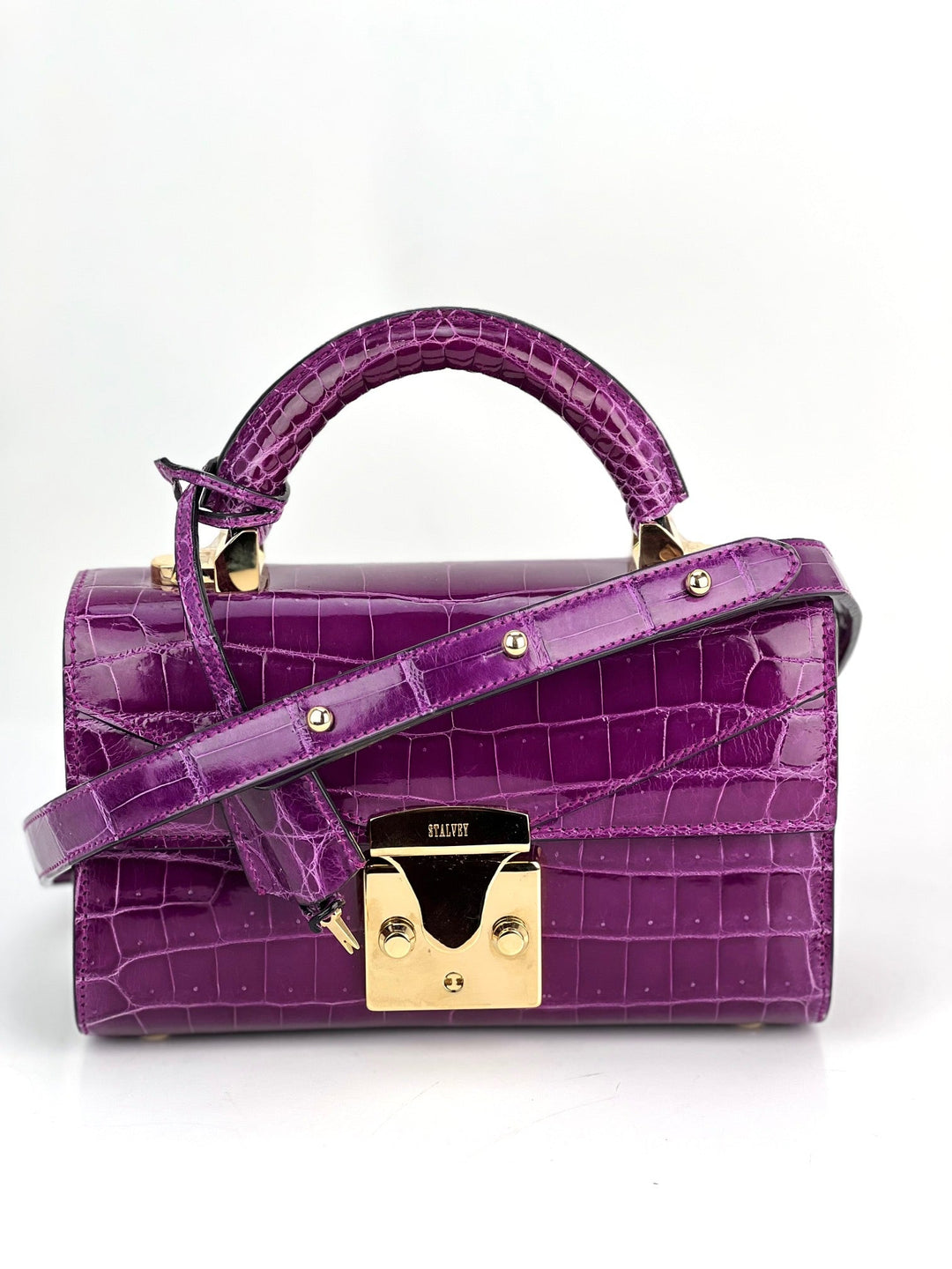 Exclusive Stalvey Top Handle 2.0 Alligator Bag Crossbody Luxury Bag in vibrant purple with gold lock