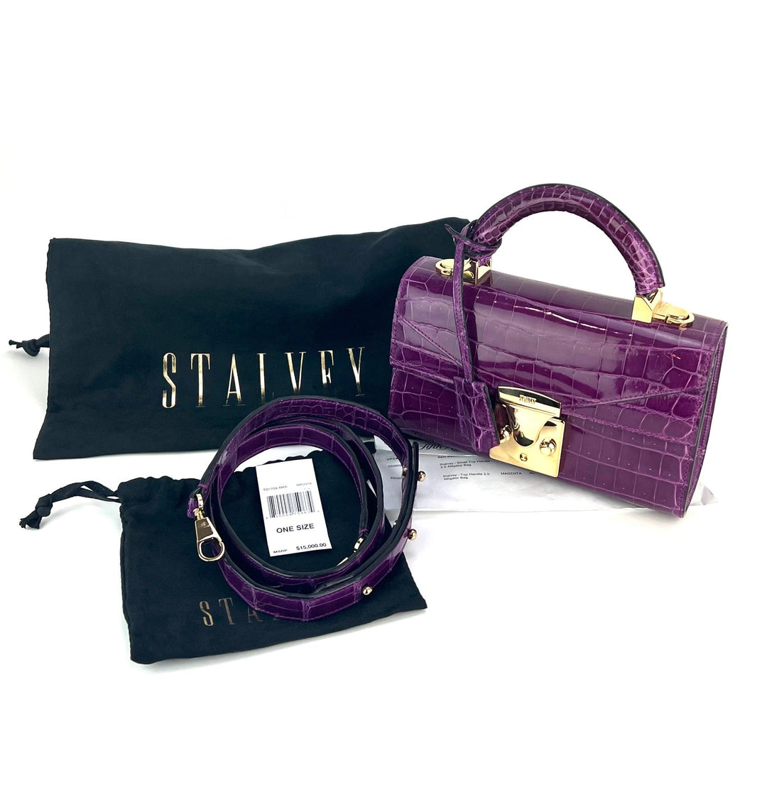 Exclusive Stalvey Top Handle 2.0 Alligator Bag Crossbody Luxury Bag in purple with logo dust bags.