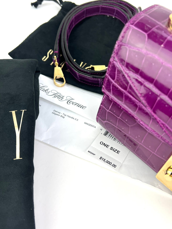Exclusive Stalvey Top Handle 2.0 Alligator Bag Crossbody Luxury Bag with purple crocodile leather and strap.