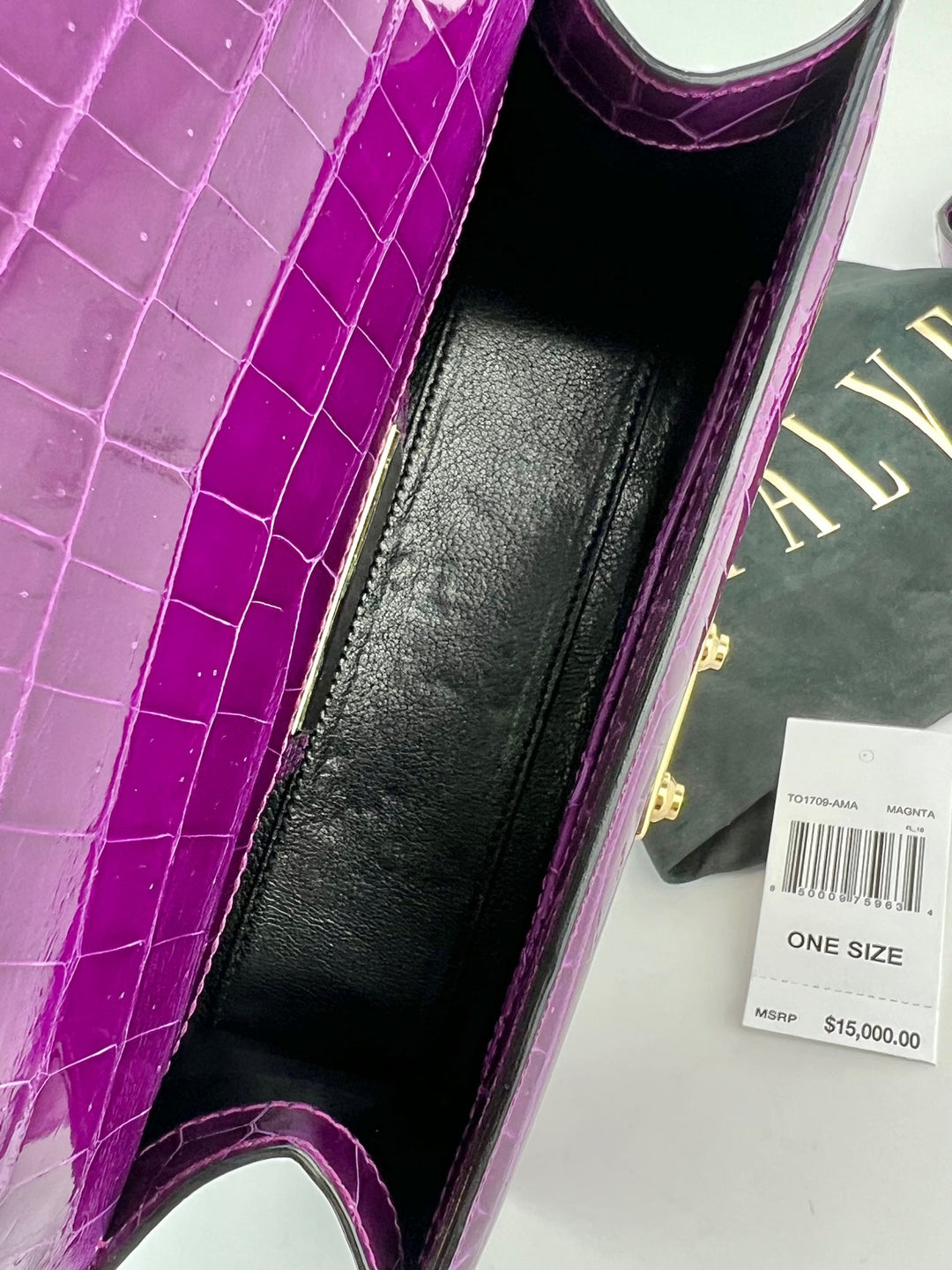 Interior view of an Exclusive Stalvey Top Handle 2.0 Alligator Bag Crossbody Luxury Bag showcasing its genuine crocodile leather.